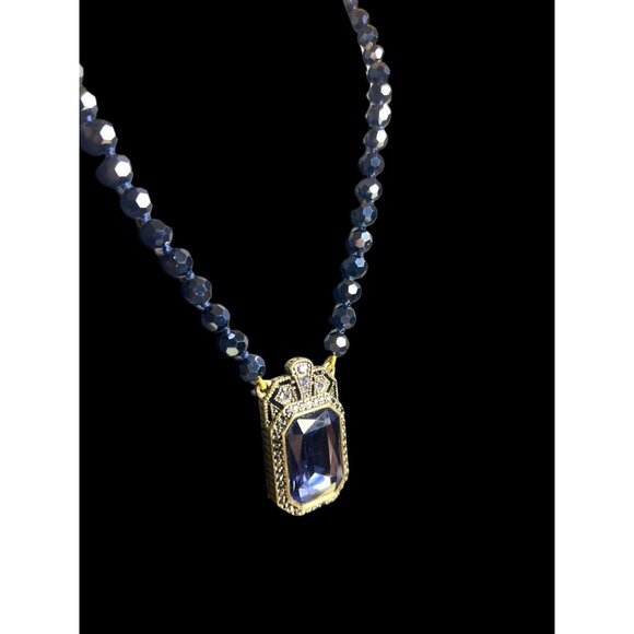 Vintage Style Gold & Blue-Blacl Crystal Necklace & Ring Set With Faceted Beads - - Picture 2 of 11